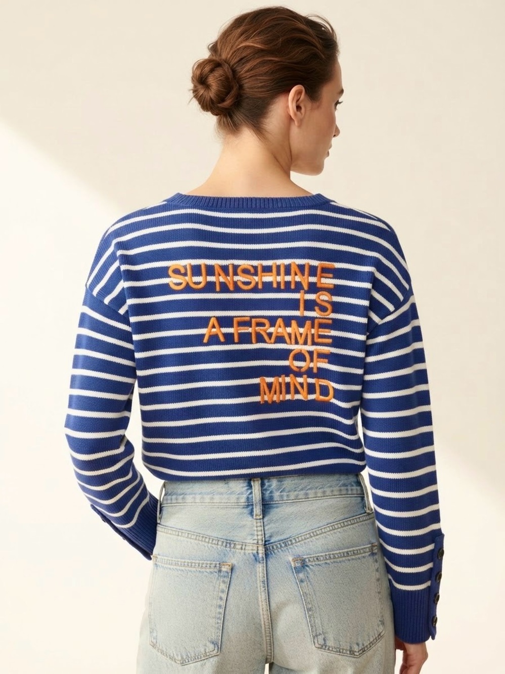 NWT Kerri Rosenthal Blue White Striped "Sunshine Is A Frame Of Mind" Sweater S
